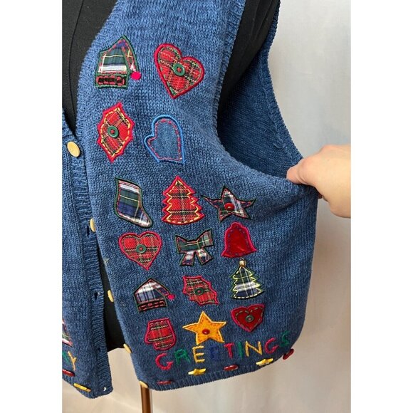 Marisa Christina VTG Christmas Cardigan Vest L Blue Plaid Grandmacore Cottagecor - Picture 3 of 7